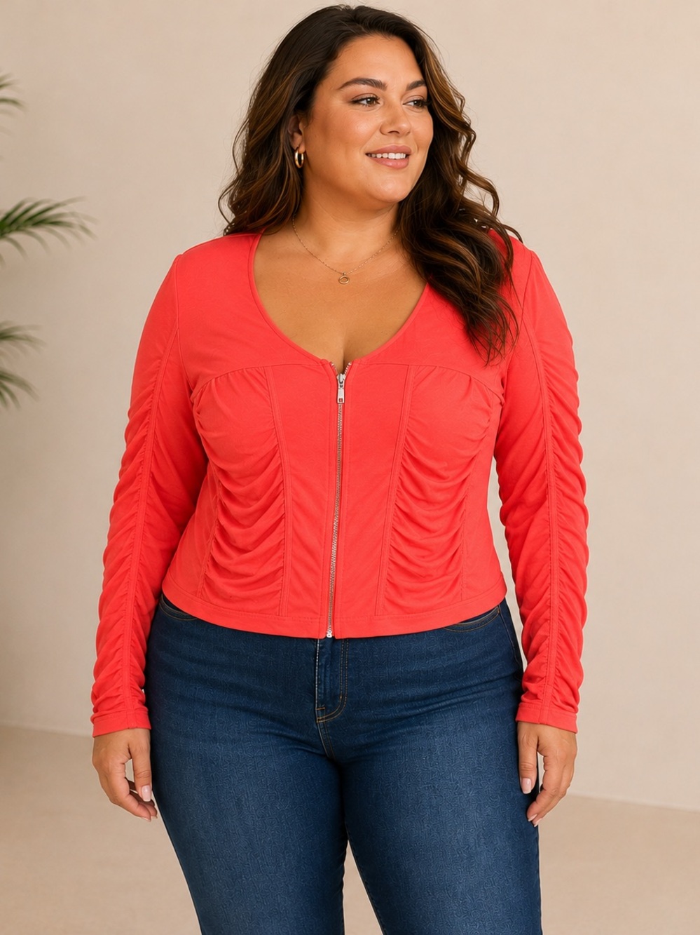 X-Two Coral Ruched Stretch Zip Front Top